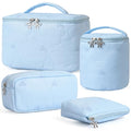 4Pcs Quilted Makeup Bag Set, Cute Bowknot Puffy Makeup Bag Toiletry Bag w/ Bow Zipper Travel Essentials Large Water-Resistant Travel Makeup Bag Versatile Cosmetic Organizer Pouch for Women Girls - color: Sky Blue
