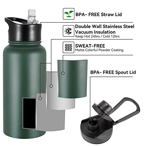 32 oz Insulated Water Bottle with Straw Lid & Wide Mouth Lids, Stainless Steel Sports Water Bottles, Double Walled Vacuum, Leak Proof, Dark Green - color: Dark Green, size: 32 Ounces
