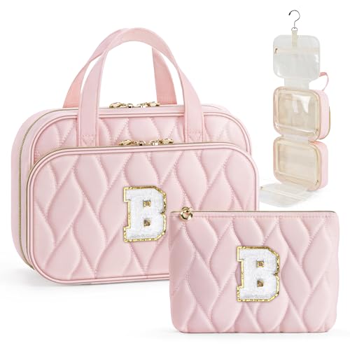 YOOLIFE Personalized Birthday Gifts for Women Teen Girls - Hanging Toiletry Bag Makeup Bag for Women Girls, Initial Toiletry Bag Makeup Bag, Letter B, Pink - color: Pink, style: B