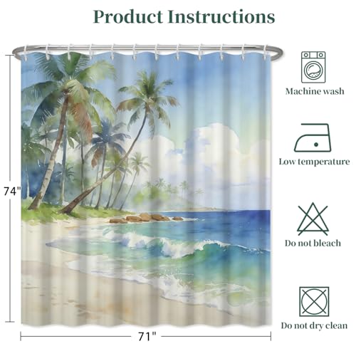 Fabric Shower Curtain with Hooks, Waterproof & Washable Polyester, Blue Coastal Beach Tropical Ocean Theme Shower Curtains for Bathroom, Nautical Palm Tree Beachy Bathroom Curtain, 71x74 Inch - color: Coastal Vacation