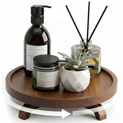 10" Solid Wood Lazy Susan Turntable Organizer for Cabinet, Pantry, Kitchen Countertop - Farmhouse Style with Raised Feet & Water-Resistant Coating, Rustic Bathroom Vanity Tray and Dining Table Decor - size: 10 Inch