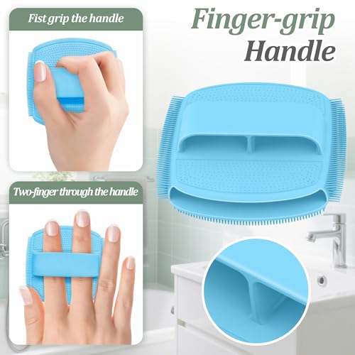 Silicone Back & Face Scrubber & Bath Glove Set 3PCS, 13.4'' Gentle Back Scrubber with Dual-Side Head, 360° Anti-Slip Bath Glove, Unique Side-bristled Face Scrubber for All-Round Cleaning(Blue) - color: Blue*3