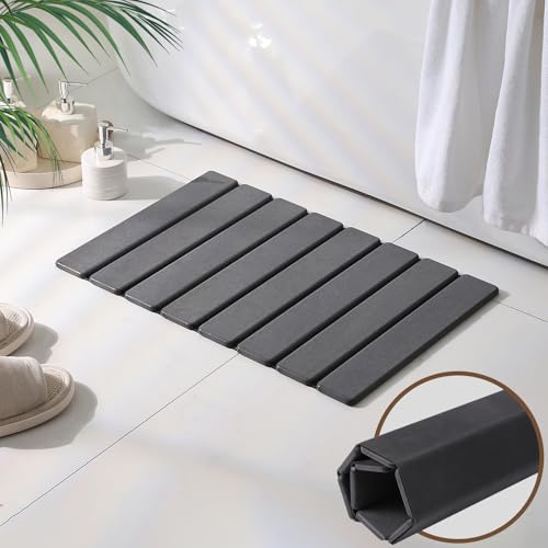 Large Foldable Stone Bath Mat, 23.6" x 15.5" Non-Slip Stone Shower Mat, Super Absorbent Diatomaceous Earth Mats, Quick Drying Bath Mats for Bathroom, Easy to Clean