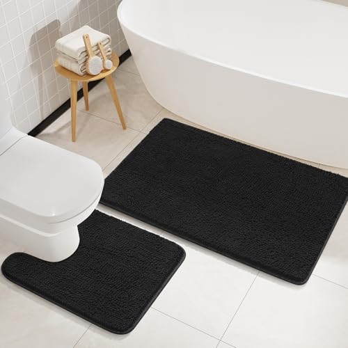 LOCHAS Bathroom Rugs Sets 2 Piece, Soft Non Slip Bath Mat Set, 20''x20'' U-Shaped Toilet Rug and 34''x21'' Black Bath Rugs, Washable Absorbent Chenille Toilet Rug Set for Bathroom, Shower, Sink - color: Black