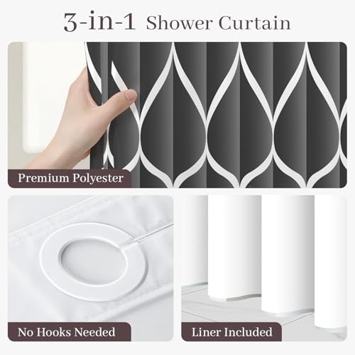 Yiatn Dark Grey Ringless Shower Curtain with Snap in Liner - Hotel Style with See Through Mesh Top Window, Modern Geometric Waterdrop Design,Waterproof and Washable,- 71x74 INCH - color: Dark Grey, size: 71"W x 74"L (Pack of 1)