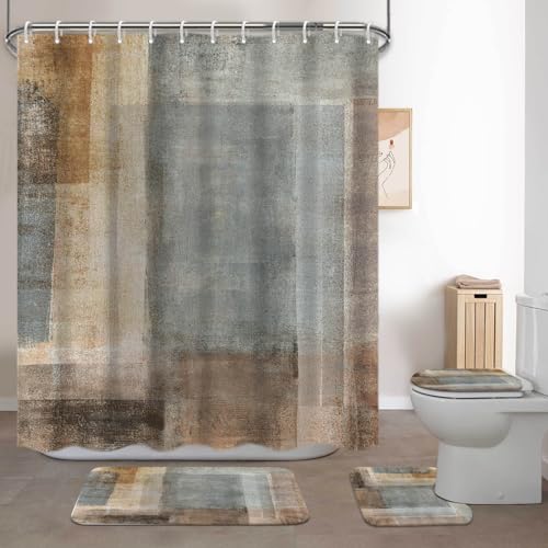 Lnond 4Pcs Bathroom Shower Curtain Sets with Rugs,Brown Gradient Painting Art Bathroom Sets with Shower Curtain and Rugs and Accessories - color: Yellow-brown Abstract