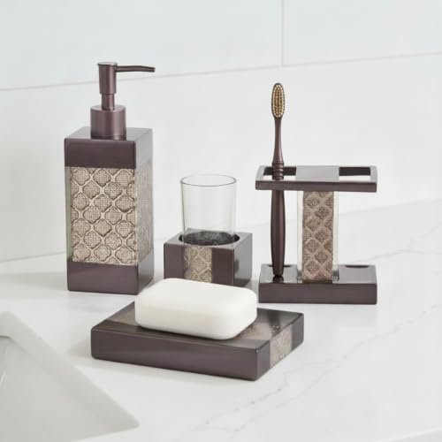 Creative Scents Dahlia Brown 4 Piece Bathroom Accessories Set | Includes Soap Dispenser, Toothbrush Holder, Tumbler Cup & Soap Dish