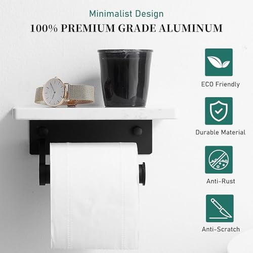 Hoimpro Matte Black Aluminum Toilet Paper Holder with White Natural Marble Shelf, Wall Mounted Tissue Hand Paper Roll Storage Holder for Bathroom Kitchen Washroom Bedroom - color: Black