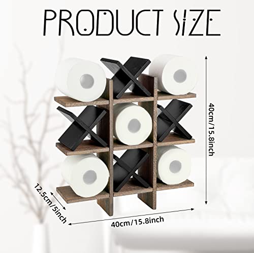 Weysat Tic Tac Toe Toilet Paper Holder Stand Bathroom Wall Decor Rustic Wooden Hanging Storage Freestanding Wall Mounted Shelves Decor for Toilet Tissue Farmhouse - color: Brown, Black