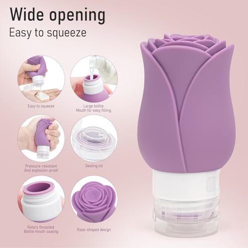 3 OZ Travel Bottles Leakproof for Travel TSA Approved & Refillable Mini Cream Containers Set 8 Pack – Silicone Squeeze Tube Rose Bottle for Shampoo Lotion Body Wash BPA Free with Bag, Purple - color: WT+RS+PP+RSD, size: 4 Bottles+ 4 Jars