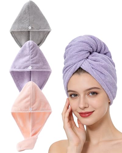 Lumimi Microfiber Hair Towel Wrap for Women 3 Pack - Ultra Absorbent Fast Drying Turban with Button Closure for Curly/Straight Hair, Lightweight & Machine Washable 25 x 65cm (Pink+Purple+Light Grey) - color: Pink+purple+light Grey