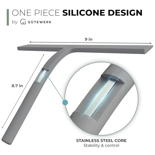 GÜTEWERK Silicone Shower Squeegee for Glass Doors & Mirrors with Stainless Steel Core, Streak-Free & No-Squeak Window Cleaning, 3-in-1 No-Drill Mount (Hook/Suction/Adhesive),Gray, 9 Inches - color: Gray, size: 9 Inches