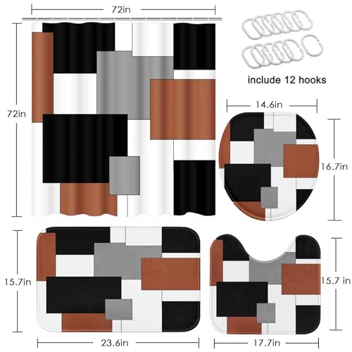 Brown Geometric Shower Curtain Set with Toilet Lid Cover and Non-Slip Rugs for Bathroom, Black Grey White Checkered 4 Pcs Shower Curtain, Modern Abstract Bathroom Set with 12 Hooks - color: Abstract Geometric Brown