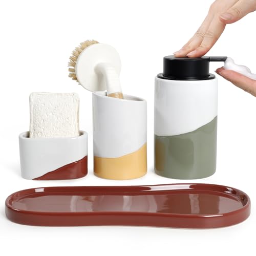 Bosilunlife Ceramic Soap Dispenser Set with Sponge Cup, Brush Cup & Tray | 4-Piece Ceramic Set Includes 12 Oz Foam Soap Dispenser, Sponge Cup, Brush Holder and Tray for Kitchen or Bathroom Counters. - size: Foam Pump