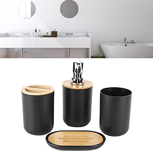 Set of 4 Complete Bathroom Accessories, Bathroom Set with Toothbrush Holder, Dish, Lotion Dispenser and Cup, in Plastic + Bamboo(Black) - color: Black
