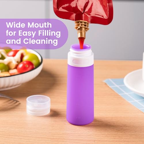 MICEBAY Condiment Squeeze Bottles for Sauces, 3-oz Mini Silicone Salad Dressing Container to Go with Snack Storage Bag, Leakproof Sauce Bottles for Lunch Box, 4 Pack, Purple - color: Purple, size: 3 OZ
