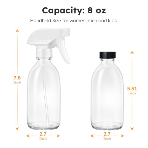 Tecohouse Glass Spray Bottle 8 oz, Clear Small Empty Refillable Sprayer Container with Labels, Funnel, Lids, Graduated Pipettes - Handheld Size - color: Clear White Lids