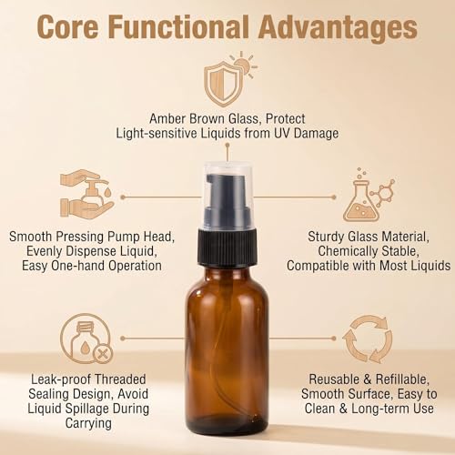 6PCS 30ml/1oz Amber Glass Lotion Pump Bottles Empty Refillable Cosmetic Makeup Travel Size Pump Dispenser Container Jars for Lotion Cream Essential Oils Toiletries