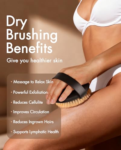 Dry Brushing Body Brush for Massage - Natural Boar Bristle Exfoliating Brush with Massage Nodes for Lymphatic Drainage, Cellulite, Blood Circulation Improving Skin Health for Women Men Elderly(Black) - size: Round 4.3 in-Black