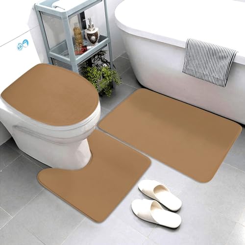 Bathroom Rugs Set 3 Piece Minimalist Solid Brown Bath Rug Mat Set, Non Slip Absorbent Bathroom Decor Mat, Toilet Lid Cover & U Shaped Contour Rug - color: Brown, size: 1'8" x 2'6" (Rectangular)