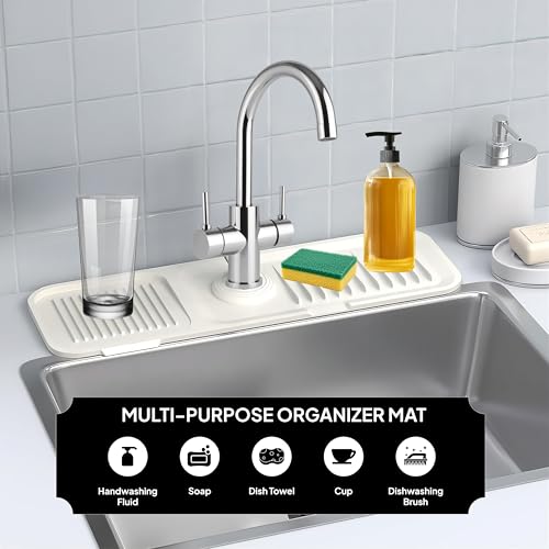 17 Inch Silicone Faucet Mat for Kitchen Sink Splash Guard & Draining Tray Sink Protector with Soap & Sponge Holder White (Purest Peak) - color: White, style: 17.7 Inch