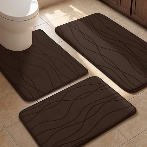 YIHOUSE Bathroom Rugs Set 3 Piece, Memory Foam Bath Mat Brown | Ultra Soft, Absorbent, Non-Slip, Machine Washable, for Bathroom, Sink and Toilet - color: Brown, size: 2'9" x 1'8" (Rectangular)