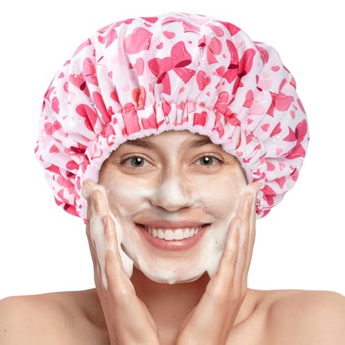 Aileam Pink Bow Shower Cap for Women, Terry Lined Bath Cap Large Reusable Waterproof Shower Hair Cap for Long Thick Hair - color: Hearts & Bows