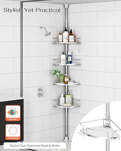ALLZONE Corner Shower Caddy Tension Pole, 4 Hang-On Basket with Mixed-Height Shelves for Various Bottle Sizes, Extra Hooks & Soap Holder, Rustproof Stainless Steel, Fits 34–116 Inch, Silver/White - color: Silver/White