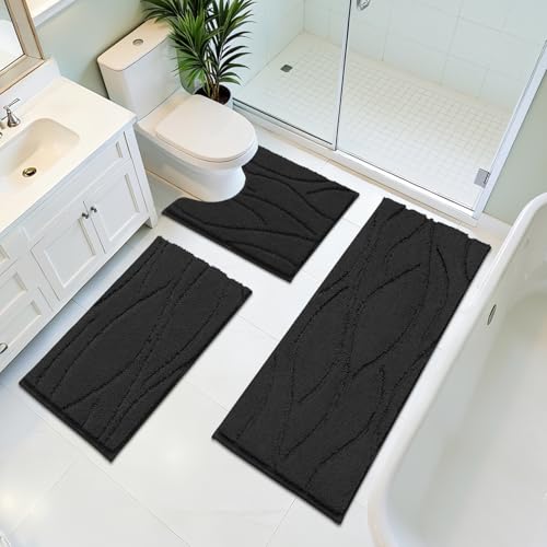 Bsmathom Bathroom Rugs Sets 3 Piece, Soft Non Slip Microfiber Bath Mat and U-Shaped Contour Toilet Rug, Machine Washable Absorbent Shaggy Bathroom Set, Black - color: Black