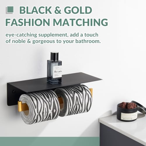 APLusee Double Toilet Paper Holder with Phone Shelf, 304 Stainless Steel Bathroom Tissue Hanger, Wall Mounted Dual Roll Paper Dispenser, Black & Gold - color: Black With Gold, size: Double Rod