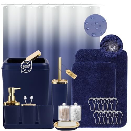 XLHOMO Bathroom Set - Navy Blue Bathroom Sets with Shower Curtain and Rugs, 24PCS Shower Curtain Set with Hooks, Soap Dispenser, Soap Dish, Toilet Brush Holder and Trash Can for Housewarming - color: Navy Blue and Gold, size: Bathroom Set+Shower Curtain+B