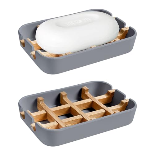 Aoheuo Modern Bamboo Fiber soap Holder and soap Dish Combination (Removable), Gray, 5.12 Long by 3 Wide, 0.98 inches high, Used in Kitchens, bathrooms, and bar Sinks - color: Gray, size: 1Pack (Bamboo)