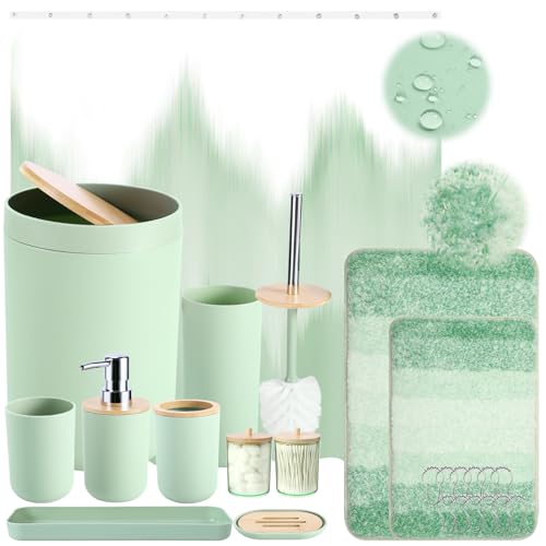 iMucci Bathroom Accessories Green Bathroom Sets with Shower Curtain and Rug, Green Ombre Waterproof Shower Curtain with Ultra Absorbent Rug Bathroom Accessories Set for Home Decor - size: Bath Set+Shower Curtain+Bath Rug, style: Green