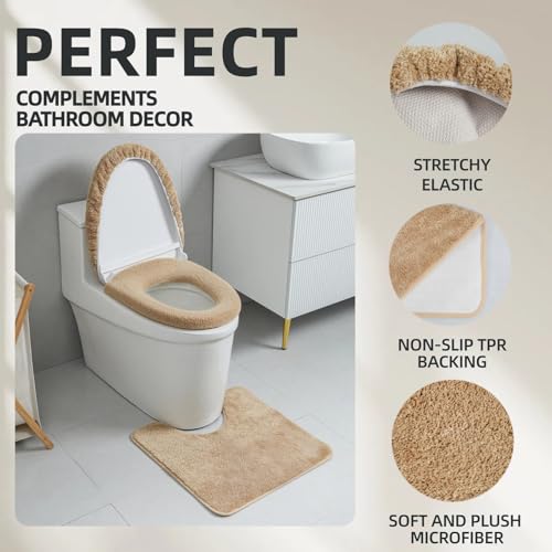 3piece Toilet Seat Cover Set - Toilet Seat Cover +Toilet Lid Cover + toilet rugs u shaped washable, Fits Most Elongated Round and Oblong Toilet(Machine Washable,Quick-Dry) brown - color: Brown