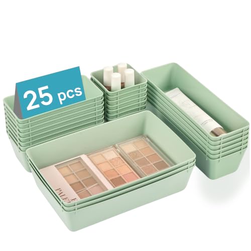 Vtopmart 25 PCS Plastic Drawer Organizers Set, 4-Size Versatile Bathroom and Vanity Drawer Organizer Trays, Storage Bins for Makeup, Bedroom, Kitchen Gadgets Utensils and Office - color: Sage Green