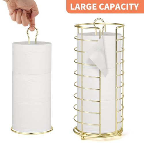 Toilet Paper Holder Stand - Freestanding Toilet Paper Storage,Gold Bathroom Organizer,3 Mega Roll Toilet Paper Roll Holder for Under Sink, Vanity, Cabinet Shelf (Gold) - color: Gold