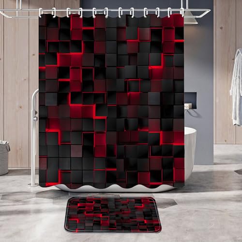 LQCOOL 4Pcs Shower Curtain Set Black 3D Cubes Shower Curtain Set Modern Bathroom Sets with Shower Curtain and Rugs Red Shower Curtain with 12 Hooks - color: Black Red