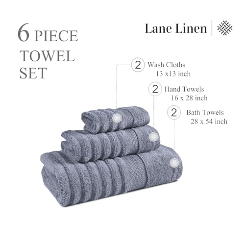 LANE LINEN Towels for Bathroom - 6 Piece Value Set - 100% Mercerized Cotton, Super Soft & Quick Dry - 2 Bath, 2 Washcloths, 2 Hand Towels - Oeko TEX Certified, Tumble Dry Safe & Durable - Cool Grey - color: 01: Cool Grey, size: 6 Piece Towel Set