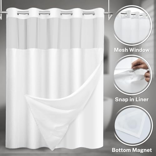 SORTTO No Hook Shower Curtain with Snap in Liner Set Waffle Shower Curtain for Bathroom Hotel Style Fabric Waterproof Inner Liner，54" W x 74" H, White - color: A - White, size: 54"W x 74"L (Pack of 1)