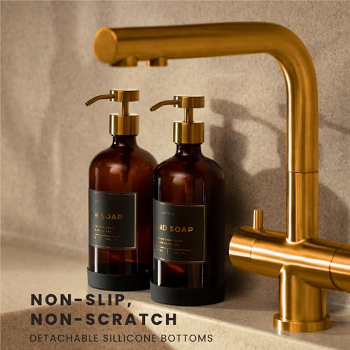 Hand and Dish Soap Dispenser for Kitchen and Bathroom, Set of 2 16 Oz Glass Bottles, Stainless Steel Pumps, Non-Slip Silicone Base, 27 Waterproof Labels (Amber Bottle/Brushed Gold Pump) - color: Amber Bottle / Brushed Gold Pump