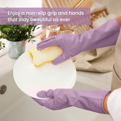 Rubber Cleaning Gloves for Dishwashing, 4 Pairs Reusable Kitchen Gloves for Washing Dishes and Household Cleaning, Purple Dish Gloves with Flocked Lining and Non-Slip Grip, Pefect for Woman Men - M - color: Purple, size: Medium