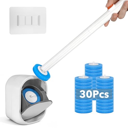Disposable Toilet Brush & Wand Starter Kit, Wall-Mounted Auto-Closing Caddy with 30 Refills, Deep Cleaning System with Pre-Loaded Scrubber for Rust & Hard Water, Mess-Free Modern Design - size: 1 Brush + 30 Refills