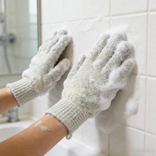 Exfoliating Bath Gloves 2 Pairs - Heavy Texture Body Scrub Gloves for Shower, Spa, Massage and Body Scrubs, Dead Skin Remover, Washing Gloves with Hanging Loop(Beige) - color: Beige