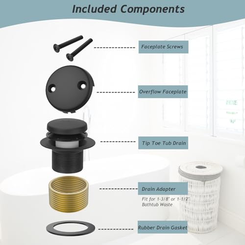 Tip-Toe Bathtub Drain Kit with Two-Hole Overflow Plate, Premium Quality Bath Tub Drain Replacement fits for All Bathtub, Universal Fine/Coarse Thread Bathtub Stopper (Matte Black) - color: Matte Black