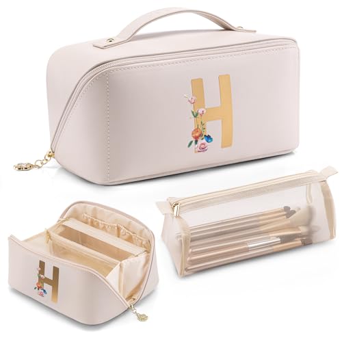 VLANDO Gifts for Girls Travelers,Preppy Makeup Bag,Large Capacity Travel Makeup Bag,Monogrammed Graduation Gifts for Friends Female Daughter(Letter H) - color: 14.White-H