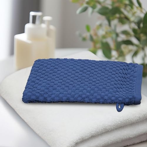 COTTON CRAFT Bath Mitt - 6 Pack Euro Spa Waffle 100% Cotton Towel Mitts | Large 5.5x10 inches Blue Exfoliating Gloves - Sensitive Skin Friendly - Body Bath Shower Glove Washcloth with Hanging Loop - color: Blue - Bath Mitt
