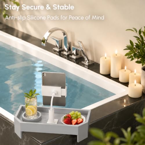 Vespara Bamboo Hot Tub Table with Adjustable Phone Holder, Non Slip Hot Tub Table Spa Gifts for Women, Bathtub Canddy Tray with Wine Glass Holder Tray for Luxury Bathtub& Bathroom Accessories Silver - color: Silver