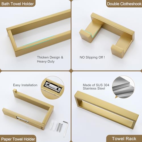 Lairuier Bathroom Hardware Accessories Set, Brushed Gold 4-Piece Bathroom Hardware Set Including Towel Bar,Towel Holder, Toilet Paper Holder, Towel Hook, Stainless Steel Bath Towel Bar Set - color: Brushed Gold, size: Set B