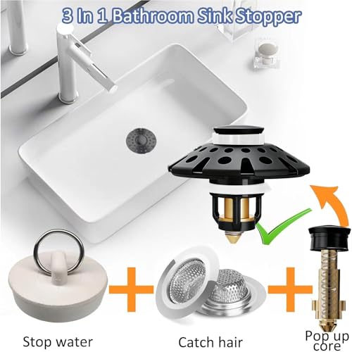 AzWzz Bathroom Sink Drain Strainer, 3 in 1 Pop Up Bathroom Sink Stopper Plug with Hair Catcher Cover, Universal for 1.06 in to 1.6 in Sink Drain, Matte Black - color: Matte Black, style: Bathroom Sink Stopper with Hair Catcher