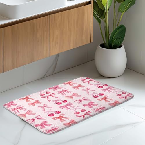 Red Cherry Pink Bow Cute Fruit Watercolor Bath Rug, Non-Slip Microfiber Soft Plush Modern Bathroom Mat Carpets Floor Mat for Bedroom Kitchen Bathroom Toilet 17x29 Inch - color: Pink